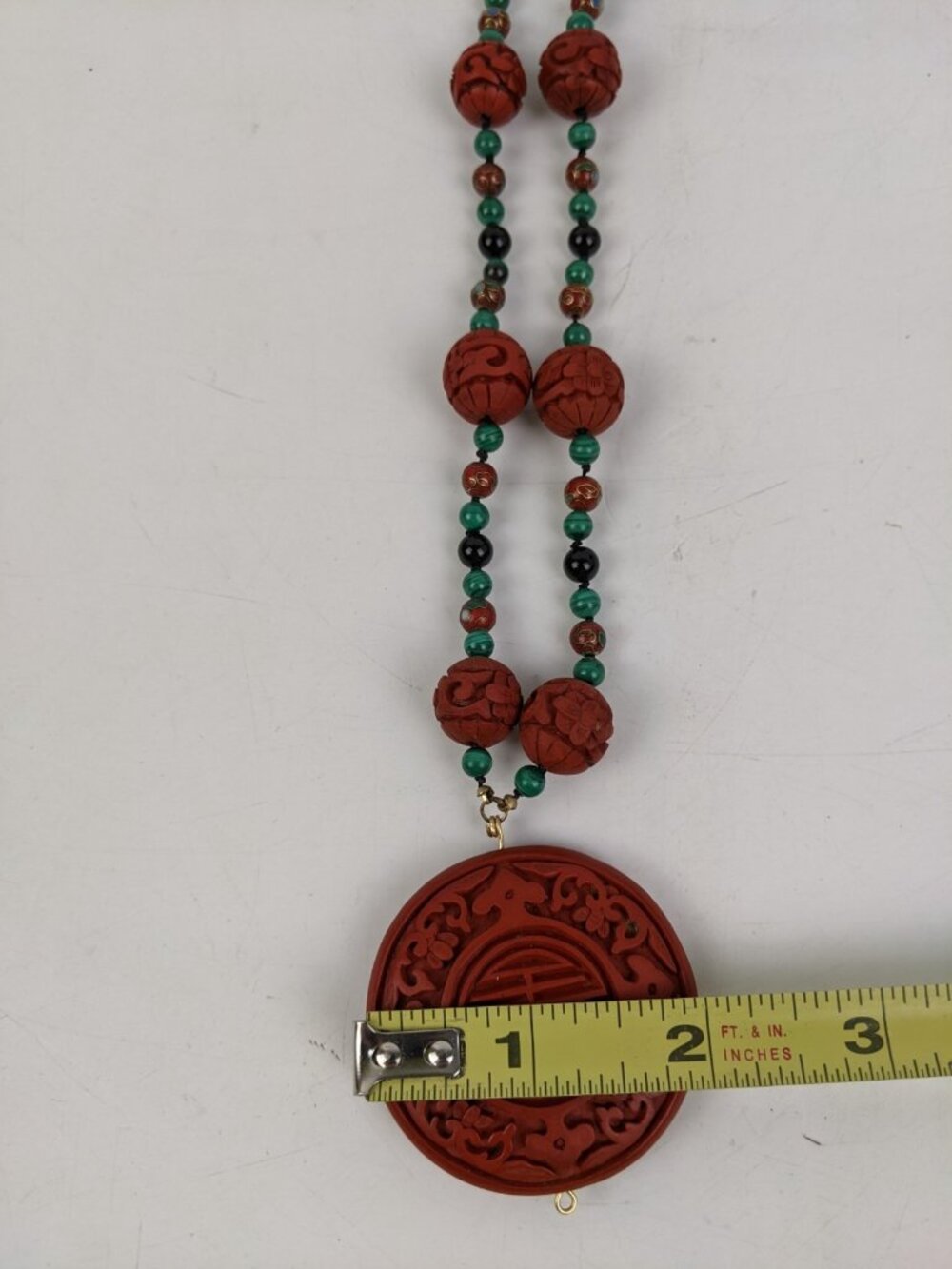 Vintage Chinese Cinnabar Malachite & Onyx Beaded Necklace - Picture 12 of 13